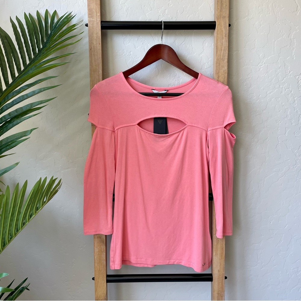 NWT Guess Pink Flash 3/4 Sleeve Cassie Cut Out Top